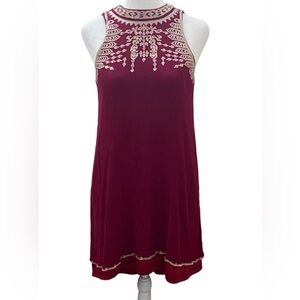 Anthropologie Alya Dark Red Embroidered Sleeveless Halter Dress. Sz XS. Tie back
